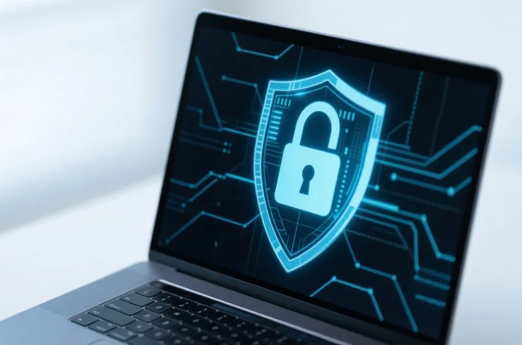 A close-up of a laptop screen displaying a stylized digital security shield and padlock, high-tech abstract background, clean design, editorial style