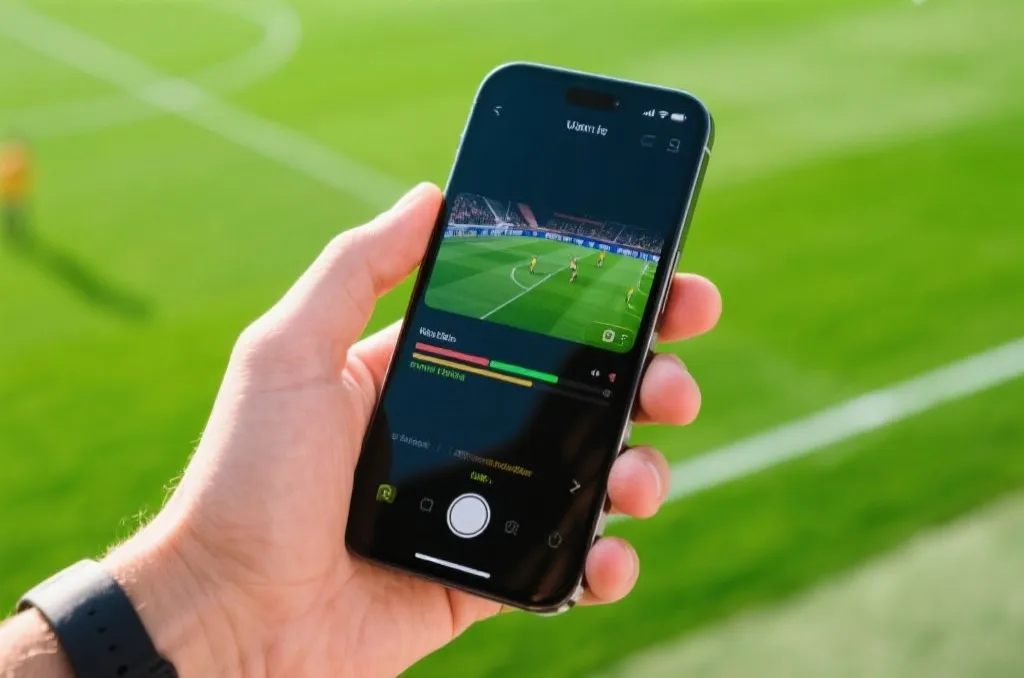 Hand holding smartphone streaming a high definition soccer match on a green pitch